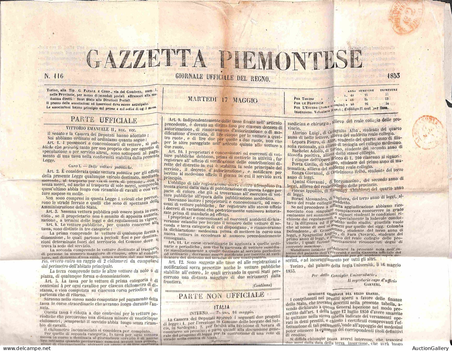 Antichi Stati Italiani - Sardegna - Due Decreti sui trasporti (1859 + 1866) + Gazzetta Piemontese del 1853 con itinerari