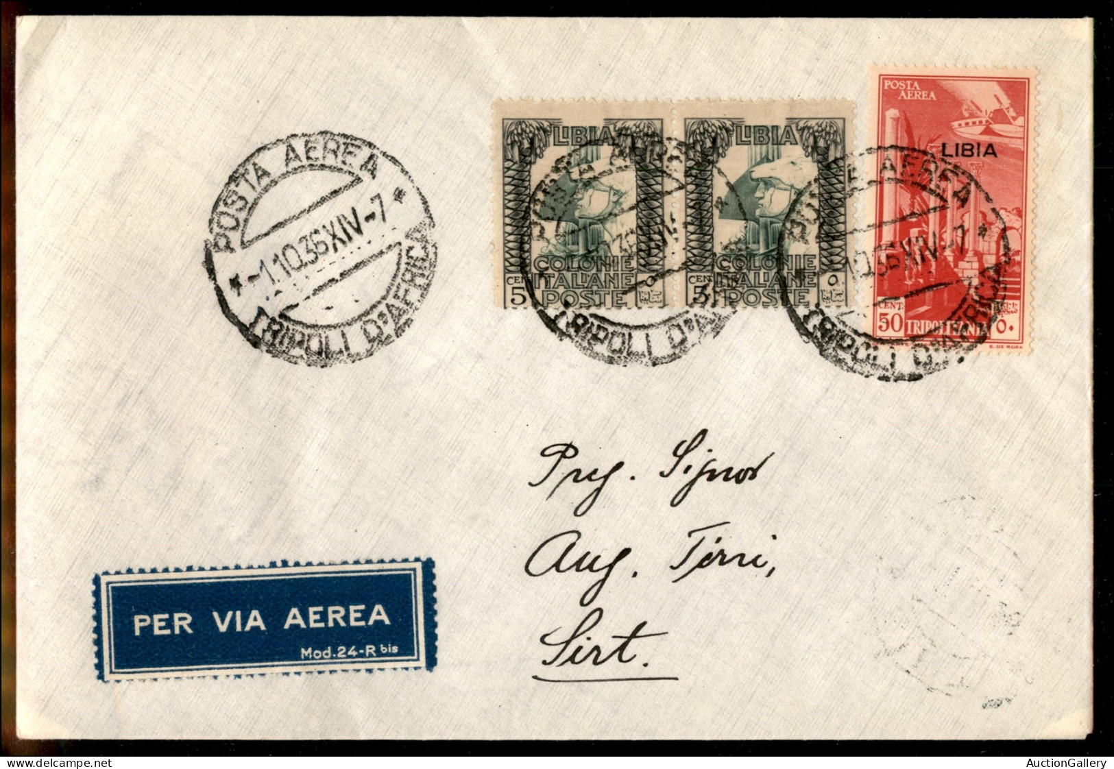 Colonie - Libia - 50 Cent (28 - Aerea) + Complementari (46 Coppia) Su Aerogramma FDC (1 Ottobre 1936) Da Tripoli A Sirte - Autres & Non Classés