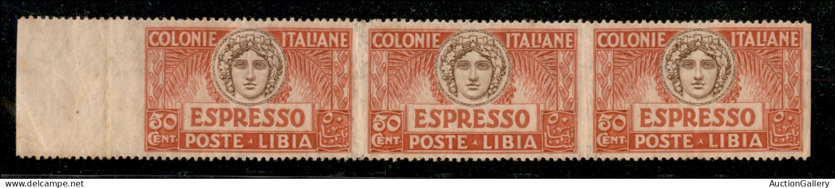 Colonie - Libia - 1921 - 50 Cent (4e) - Striscia Di 3 Bordo Foglio Non Dentellata In Verticale - Gomma Originale - Andere & Zonder Classificatie