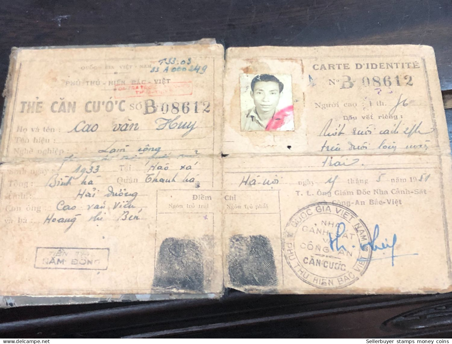 VIET NAM-OLD-ID PASSPORT INDO-CHINA-name-CAO VAN HUY-1951-1pcs Book - Sammlungen