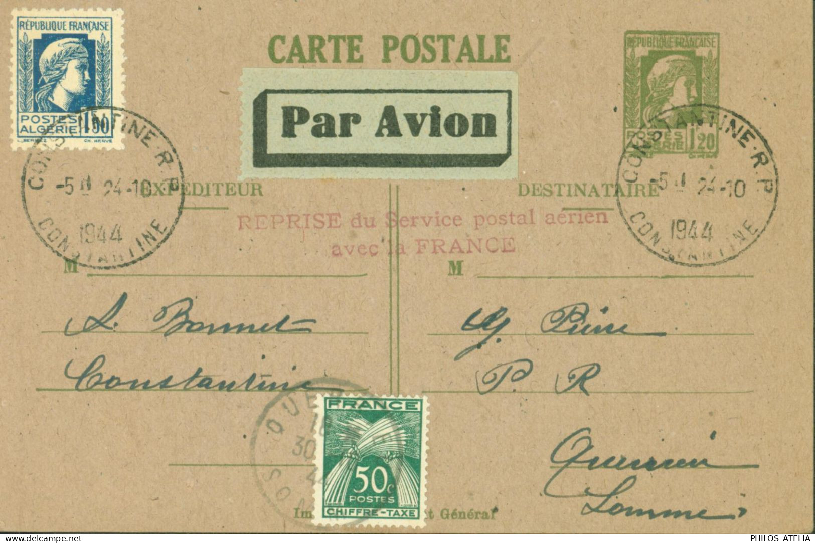 Algérie CP Entier Marianne D'Alger Par Avion + YT 214 Constantine 1944 Cachet Reprise Service Postal Aérien Avec France - Poste Aérienne