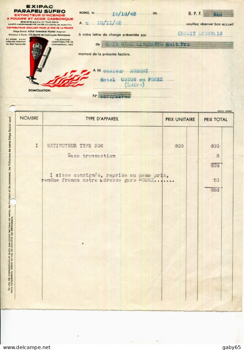 FACTURE.12.AVEYRON.RODEZ.EXTINTEUR D'INCENDIE A POUDRE & ACIDE CARBONIQUE.EXIPAC PARAFEU SUFRO. - Otros & Sin Clasificación