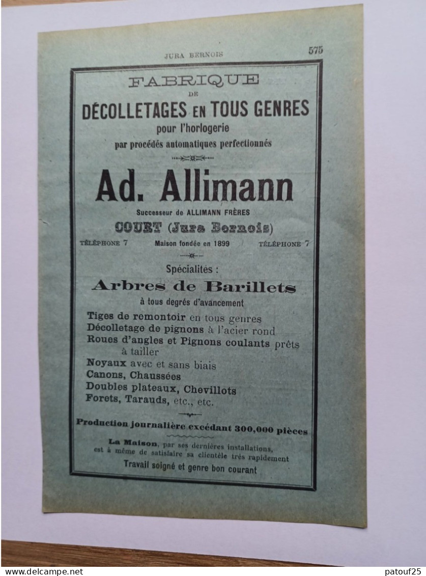 Ancienne Publicité Horlogerie AD.ALLIMANN COURT Jura Bernois  Suisse 1914 - Zwitserland