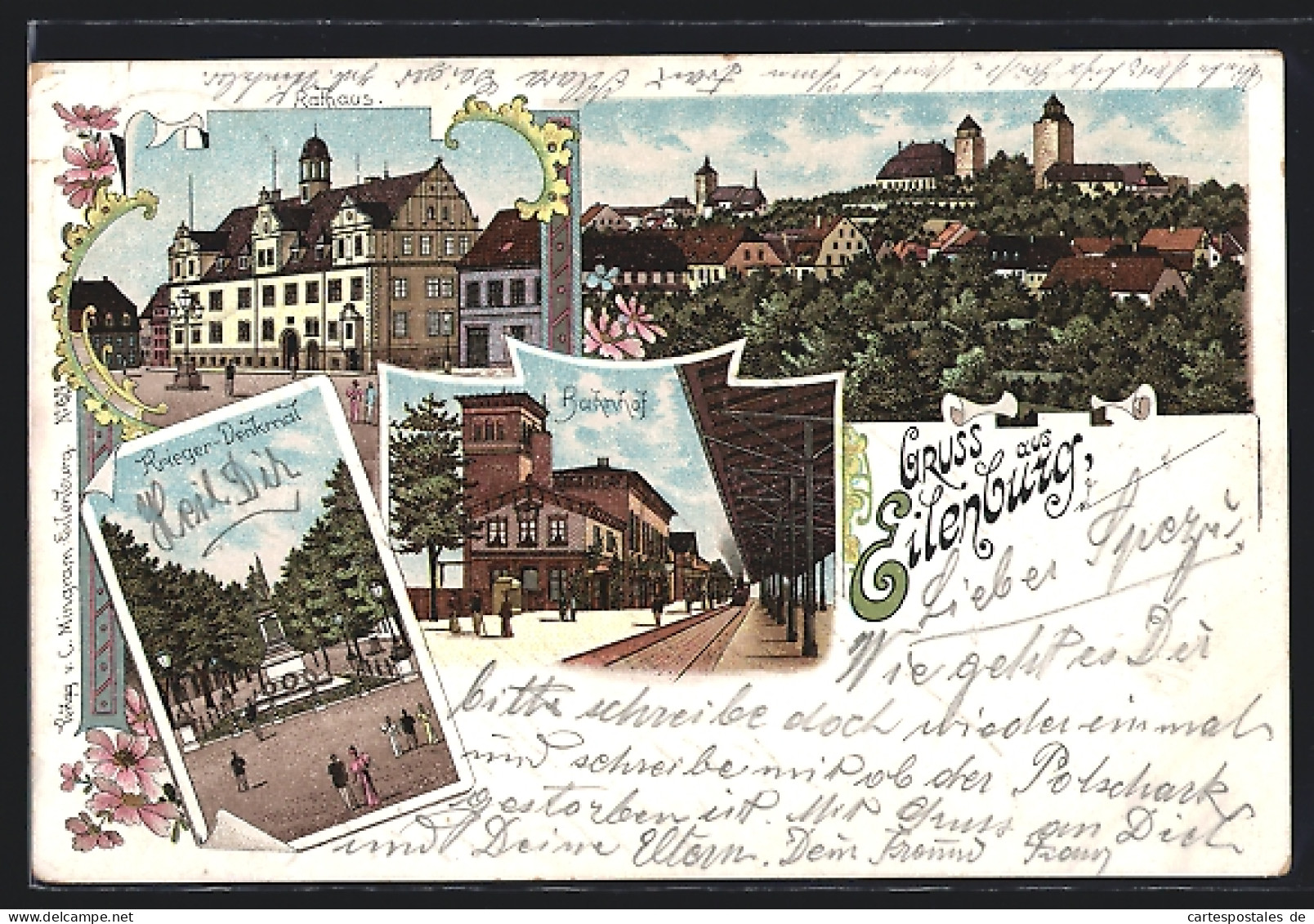 Lithographie Eilenburg, Gesamtansicht, Rathaus, Krieger-Denkmal Und Bahnhof  - Eilenburg