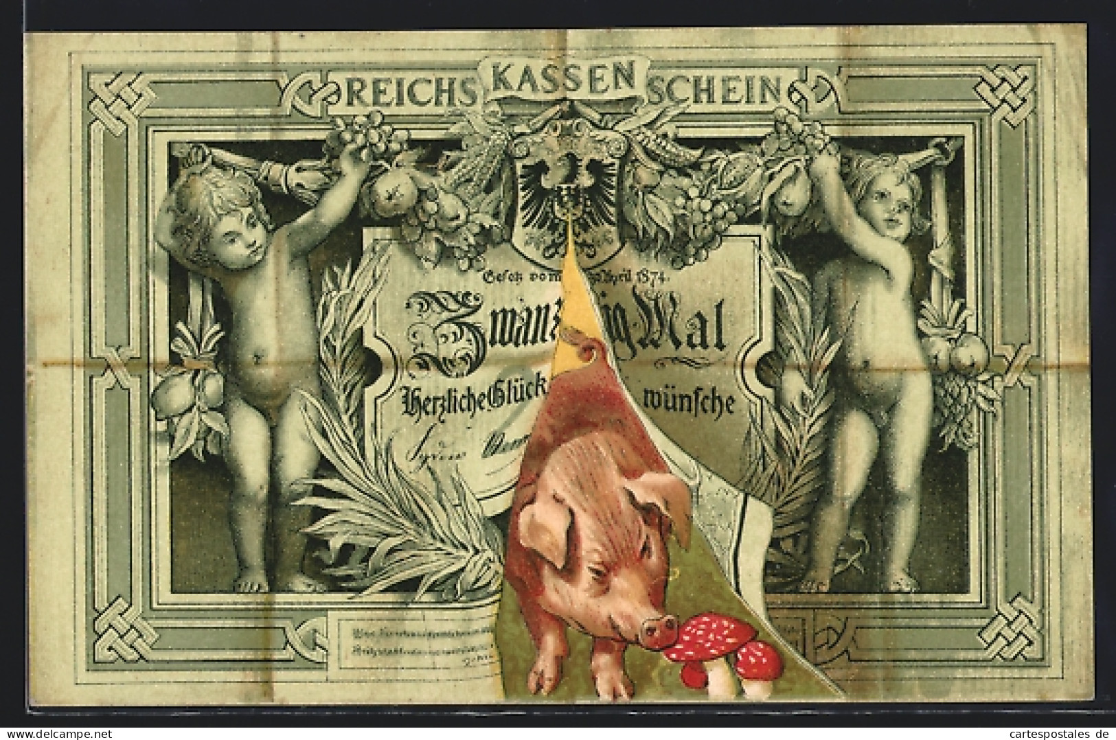 AK Schwein Schaut Durch Einen Riss Im Reichskassenschein  - Monete (rappresentazioni)