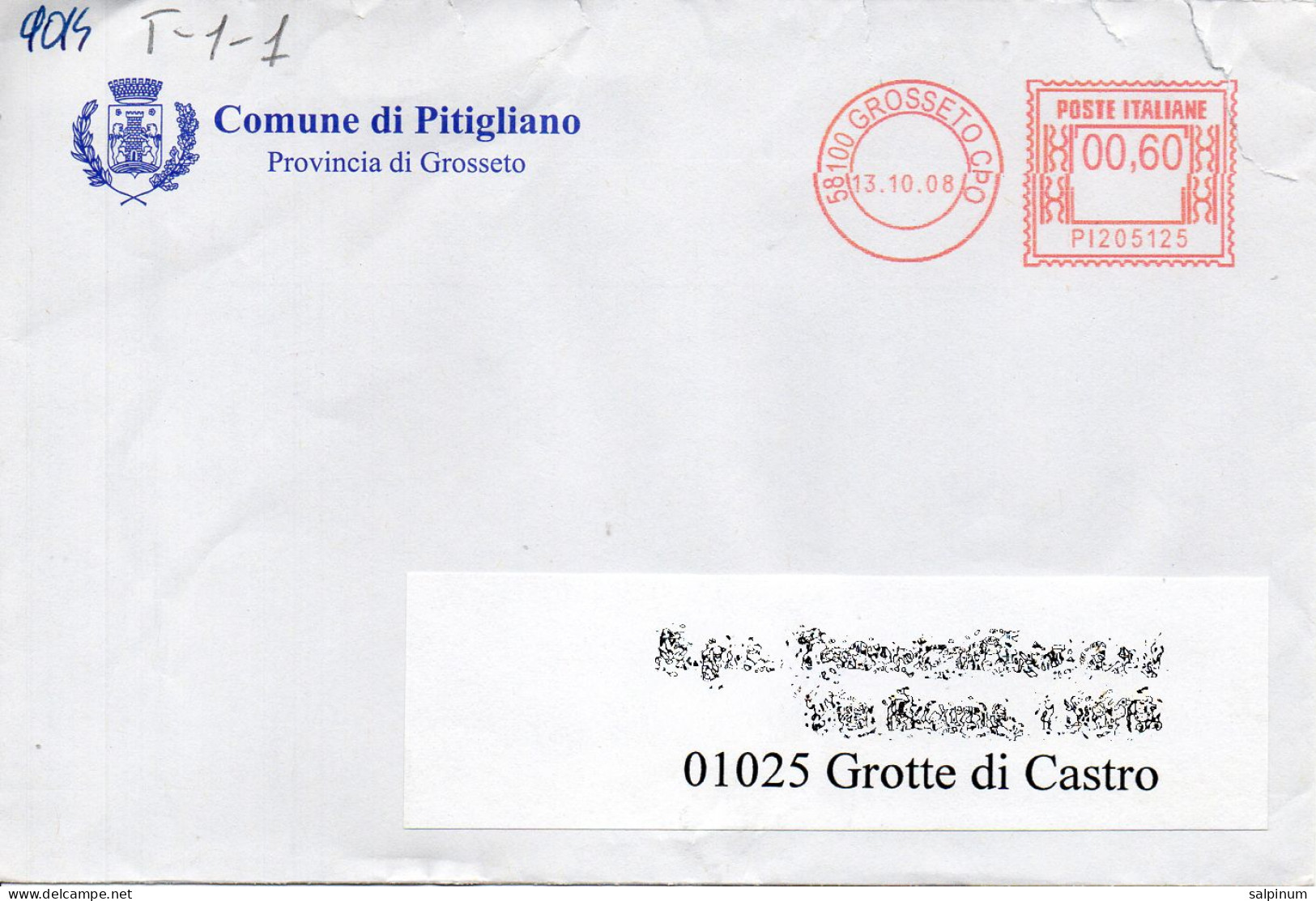 Stemma Comune Di Pitigliano (Provincia Di Grosseto) Su Busta Tipo 1 Anno 2008 - Briefe U. Dokumente