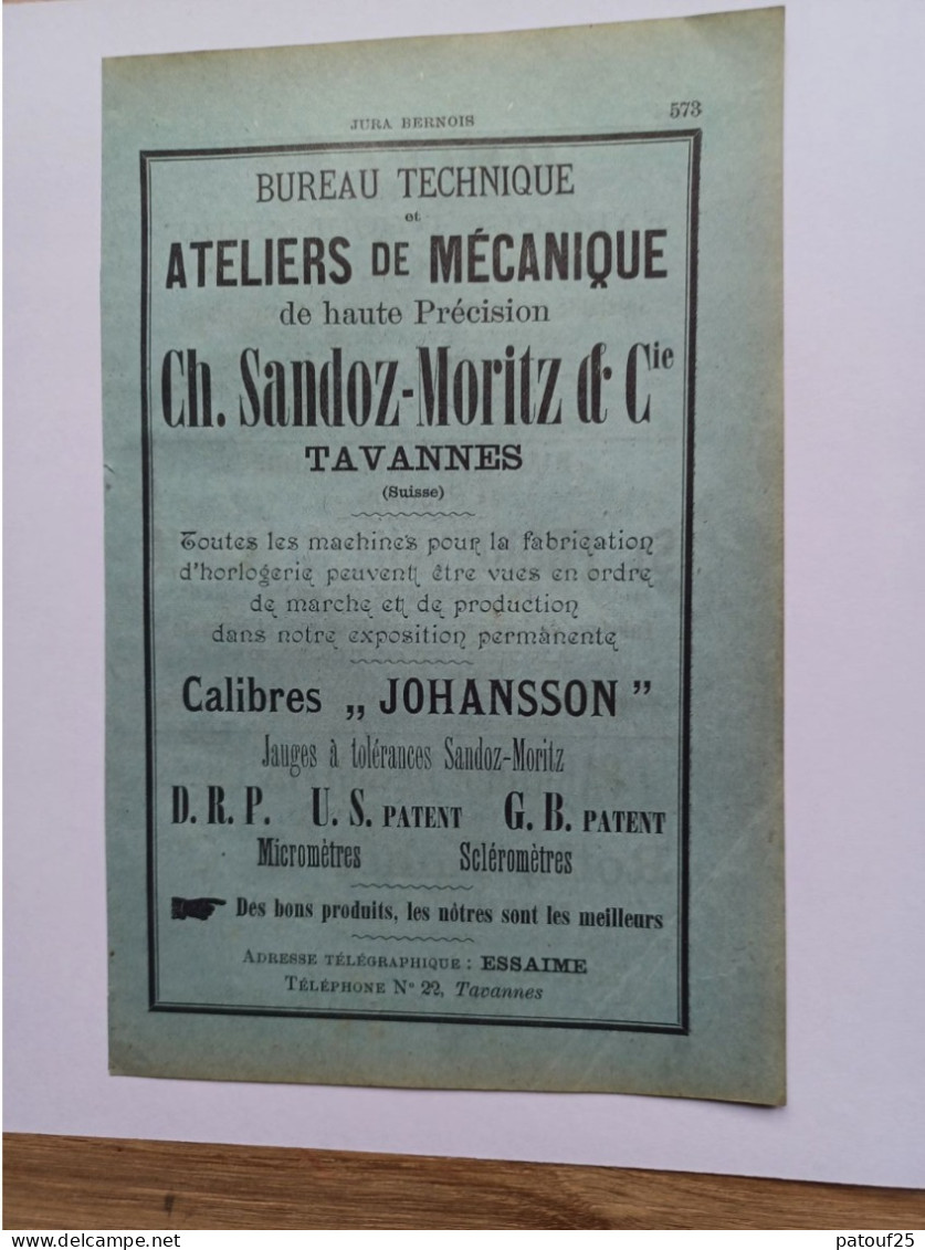 Ancienne Publicité Horlogerie CH SANDOZ-MORITZ ET CIE TAVANNES   Suisse 1914 - Suisse