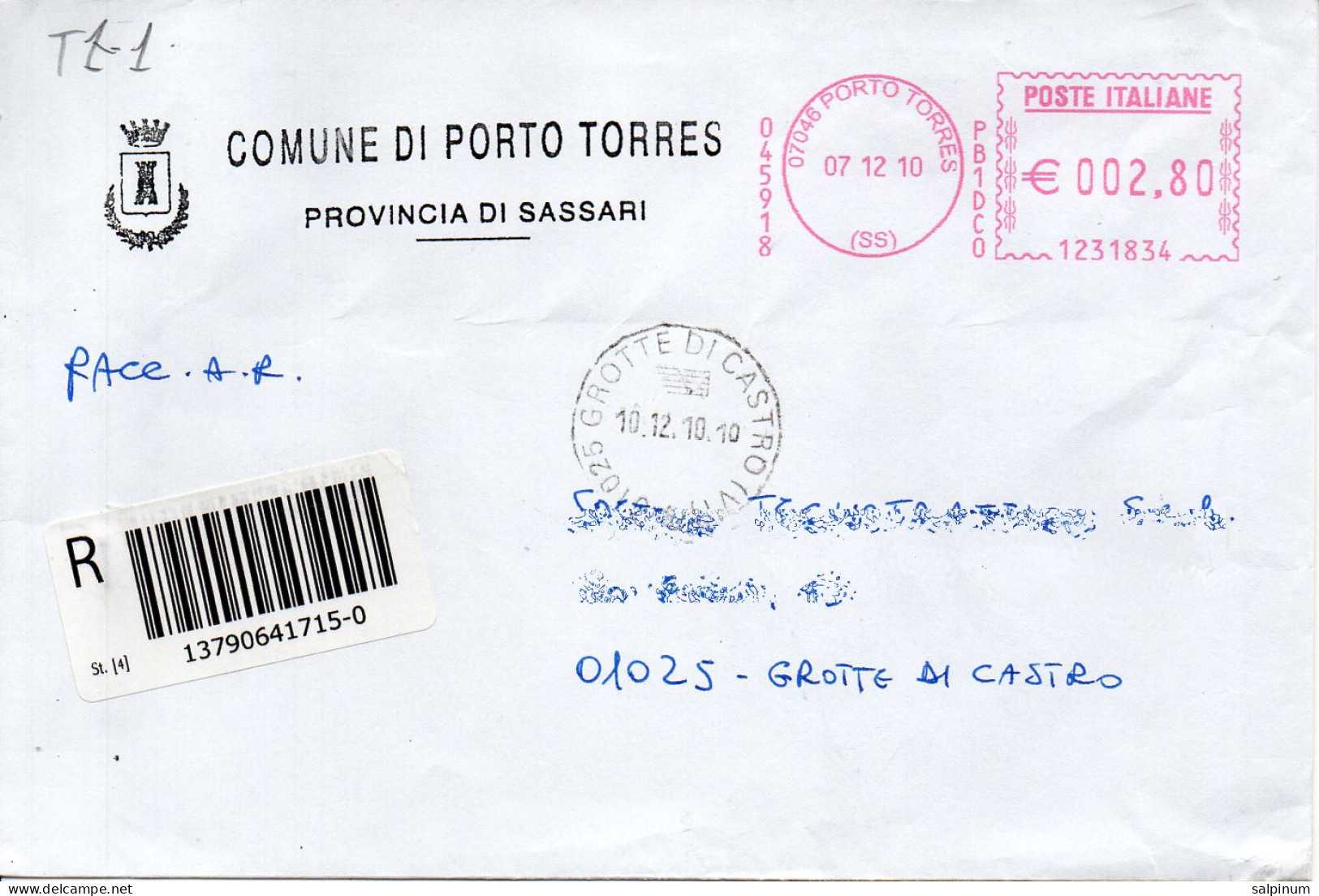 Stemma Comune Di Porto Torres (Provincia Di Sassari) Su Busta Tipo 1 Anno 2010 - Briefe U. Dokumente