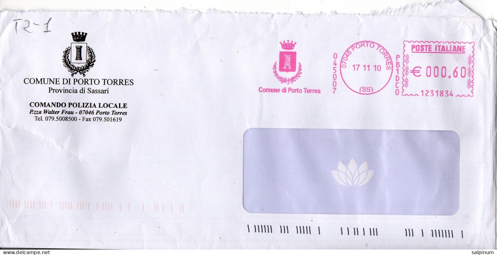 Stemma Comune Di Porto Torres (Provincia Di Sassari) Su Busta Tipo 2 Anno 2010 - Enveloppes