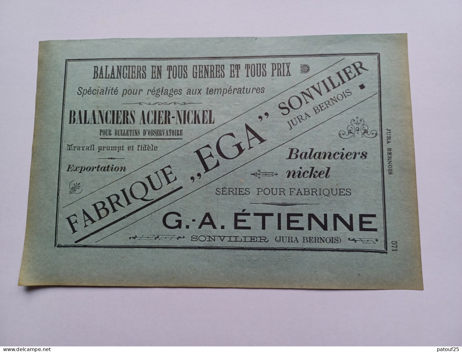 Ancienne Publicité Horlogerie FABRIQUE EGA G-A ETIENNE SONVILLIER   Suisse 1914 - Zwitserland