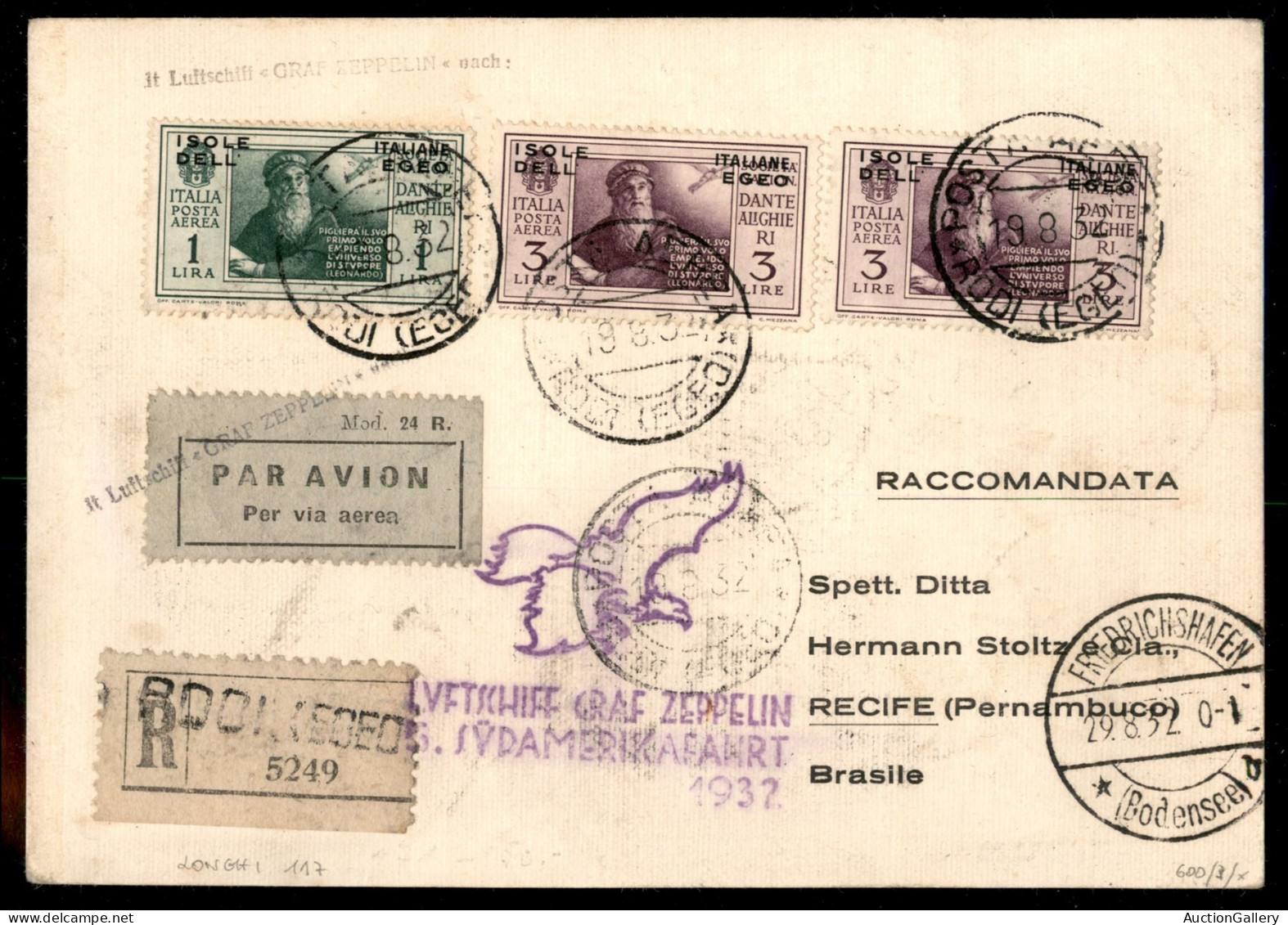 Zeppelin - Italia - 1932 - Zeppelin 5 Sudamerika - Longhi 117 - Aerogramma Raccomandato Con Bella Affrancatura Multipla  - Andere & Zonder Classificatie