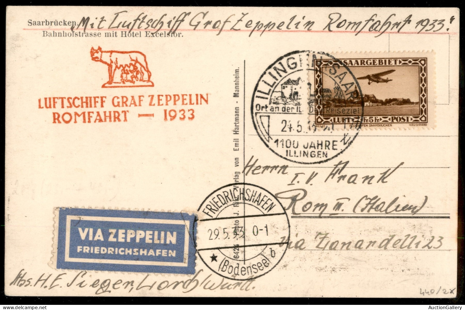 Zeppelin - Germania - 1933 (24 Maggio) - Zeppelin Romfahrt - Cartolina Da Illinge (Saar) Per Roma - Autres & Non Classés