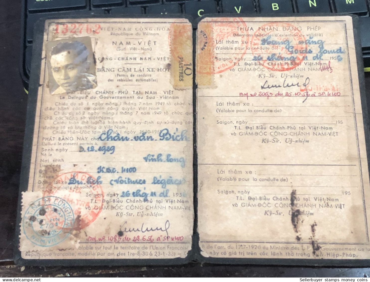 VIET NAM-OLD-ID PASSPORT INDO-CHINA-name-TRAN VAN BICH-1956-1pcs Book - Sammlungen