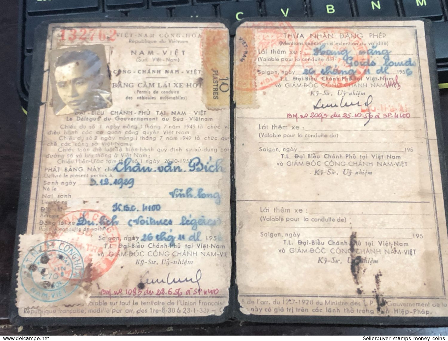 VIET NAM-OLD-ID PASSPORT INDO-CHINA-name-TRAN VAN BICH-1956-1pcs Book - Collections