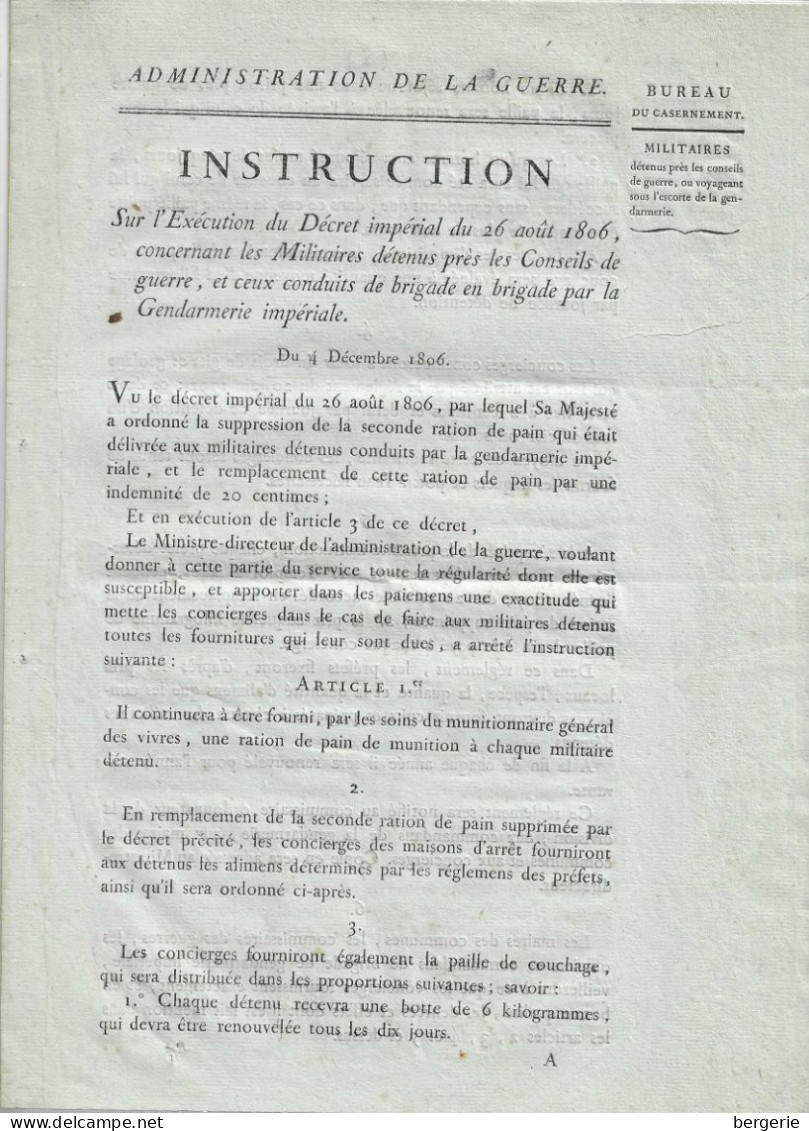 VP/ 03    -   Militaria    -   Administration De La Guerre - Instruction Du Décret Impérial Du 26 Aout 1806 - Documentos