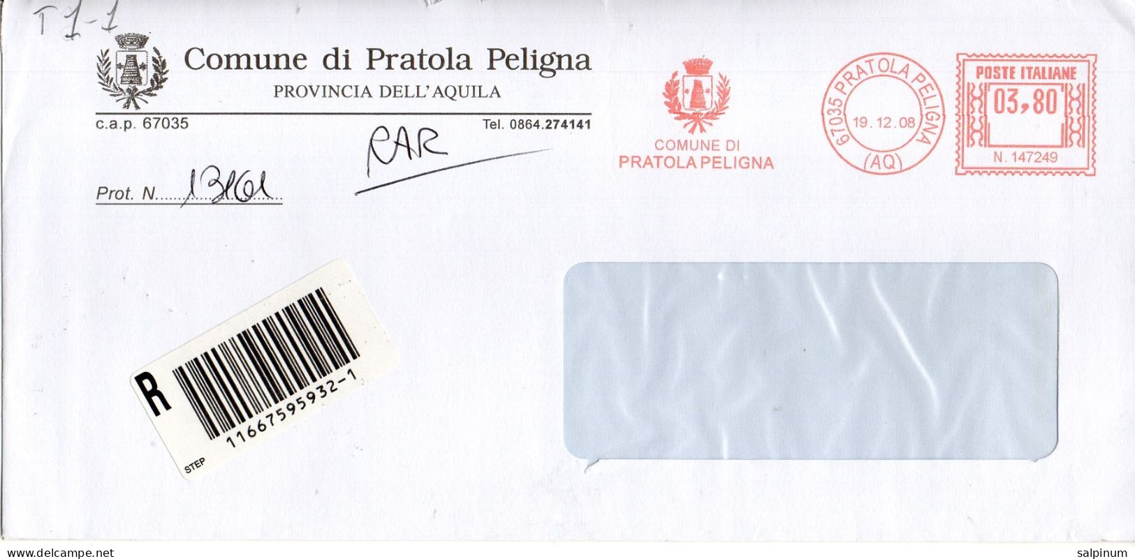 Stemma Comune Di Pratola Peligna (Provincia Di L'Aquila) Su Busta Tipo 1 Anno 2008 - Enveloppes