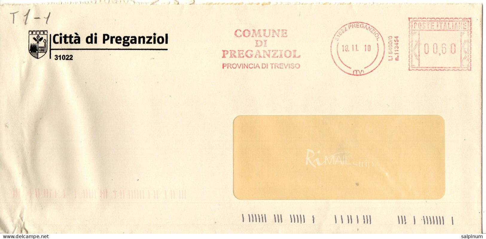 Stemma Comune Di Preganziol (Provincia Di Treviso) Su Busta Tipo 1 Anno 2010 - Enveloppes