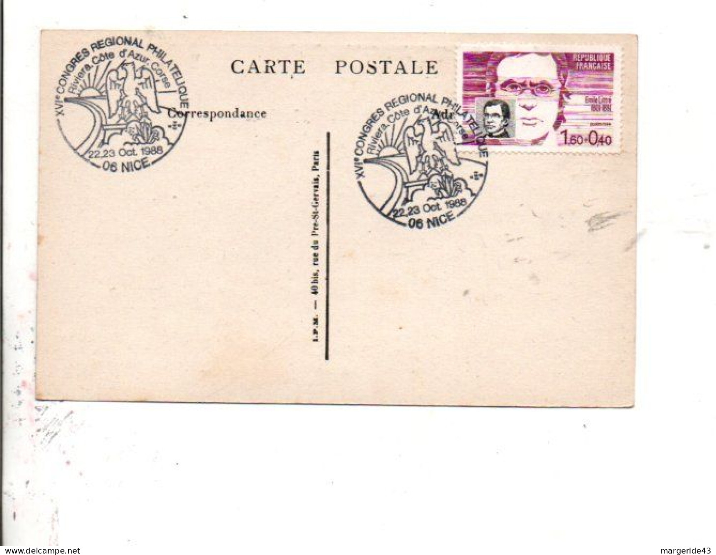 CONGRES REGIONAL RIVIERA, COTE D'AZUR, CORSE à NICE 1988 - Commemorative Postmarks