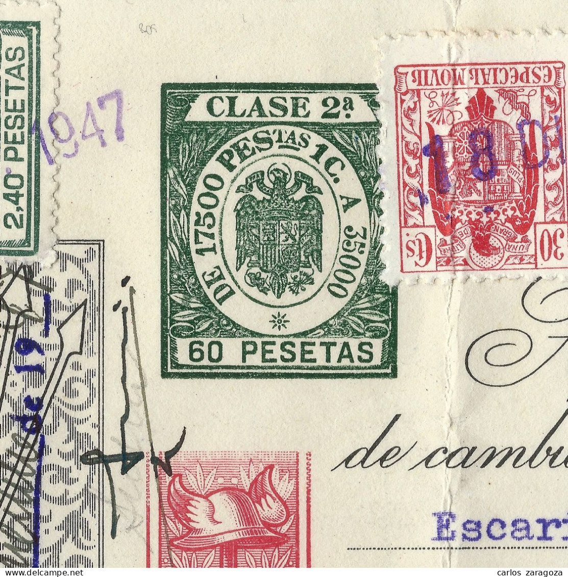 España 1947 LETRA DE CAMBIO — Timbre Fiscal 2ª Clase 60 Ptas. — Timbrología - Fiscale Zegels