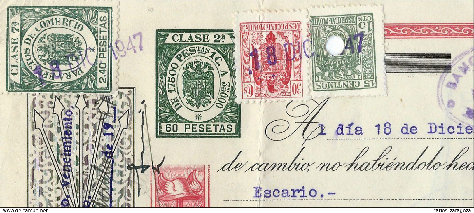 España 1947 LETRA DE CAMBIO — Timbre Fiscal 2ª Clase 60 Ptas. — Timbrología - Steuermarken