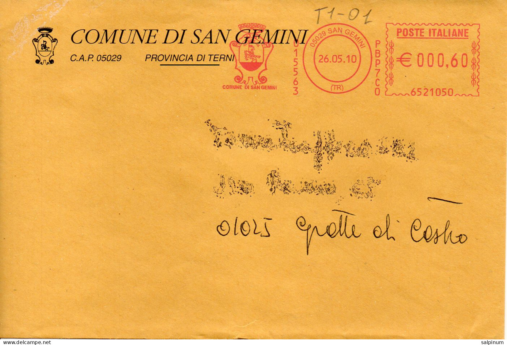 Stemma Comune Di San Gemini (Provincia Di Terni) Su Busta Tipo 1 Anno 2010 - Covers