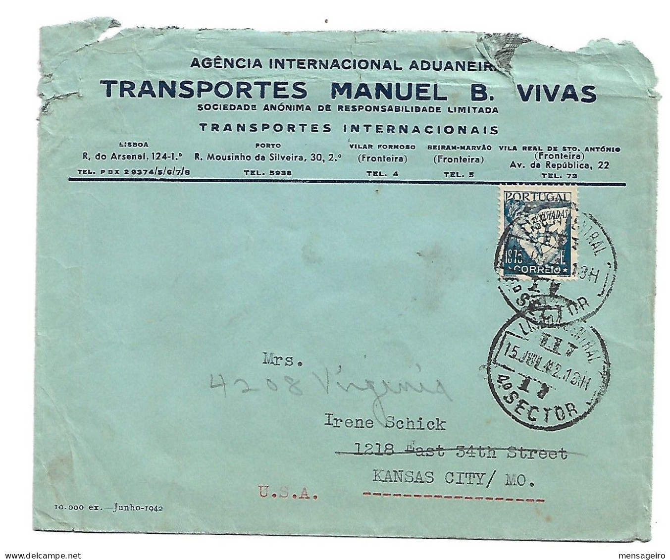 (C02) - AFINSA N°547 - LETTRE LISBOA => USA 1942 - PERFORE PERFIN PERFORADO MBV - Storia Postale