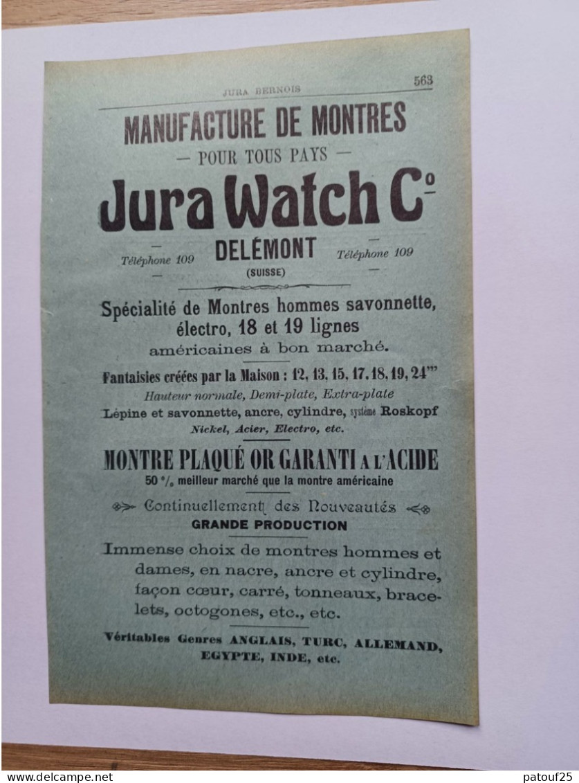 Ancienne Publicité Horlogerie JURA WATCH Delemont  Suisse 1914 - Switzerland