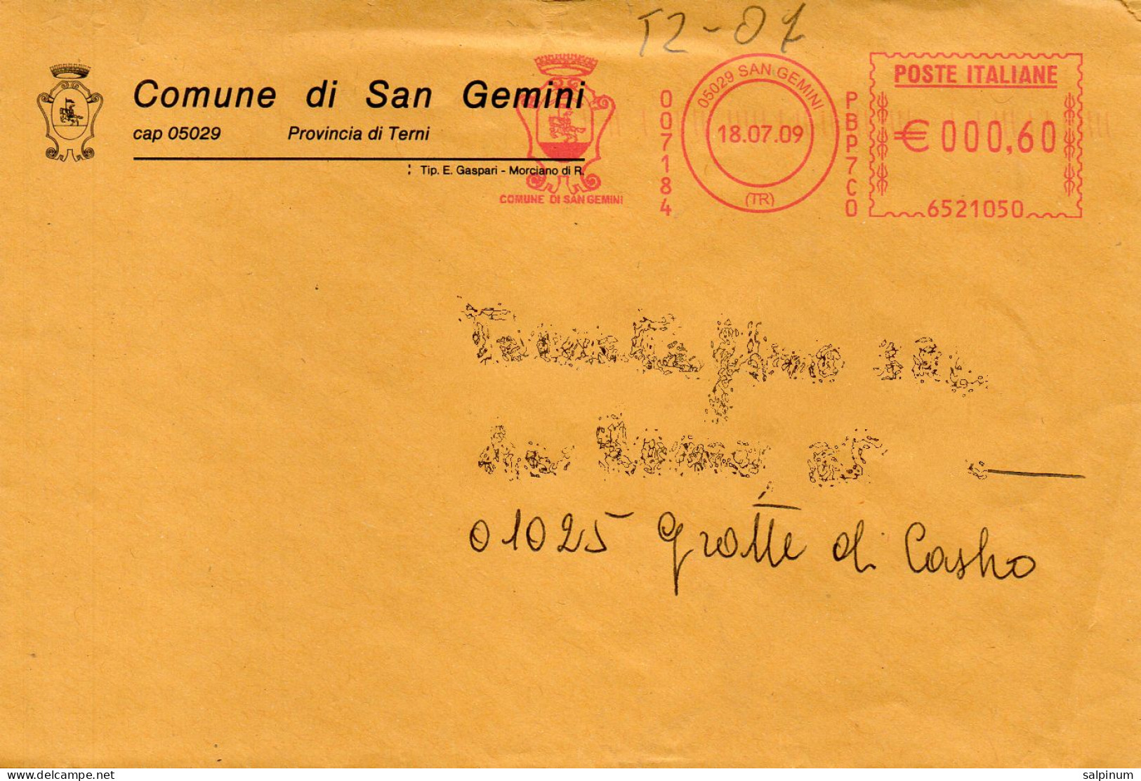 Stemma Comune Di San Gemini (Provincia Di Terni) Su Busta Tipo 2 Anno 2009 - Briefe U. Dokumente