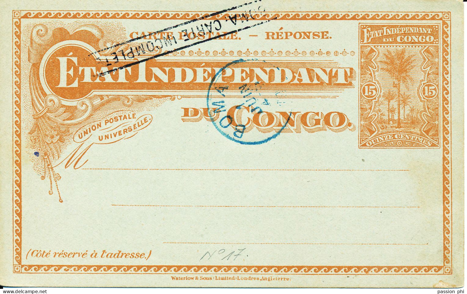 BELGIAN CONGO  PS SBEP 17 REPLY "BOMA CARTE INCOMPLETE" CTO - Entiers Postaux