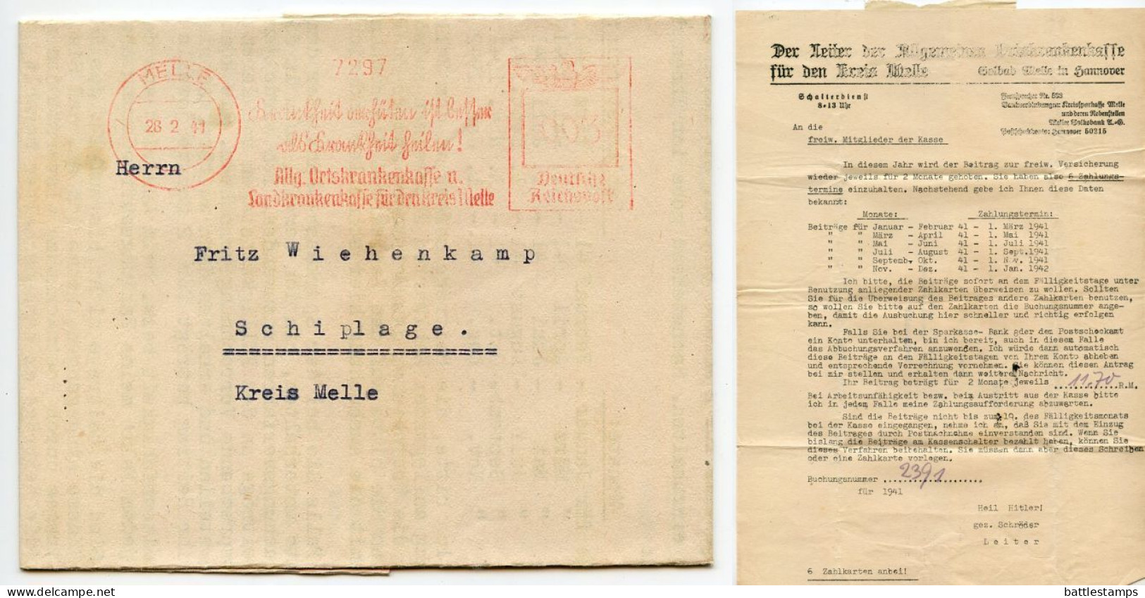 Germany 1941 3pf. Meter Folded Cover W/ Slogan; Allgemeinen Ortskrankenkasse Für Den Kreis Melle To Schiplage - Franking Machines (EMA)