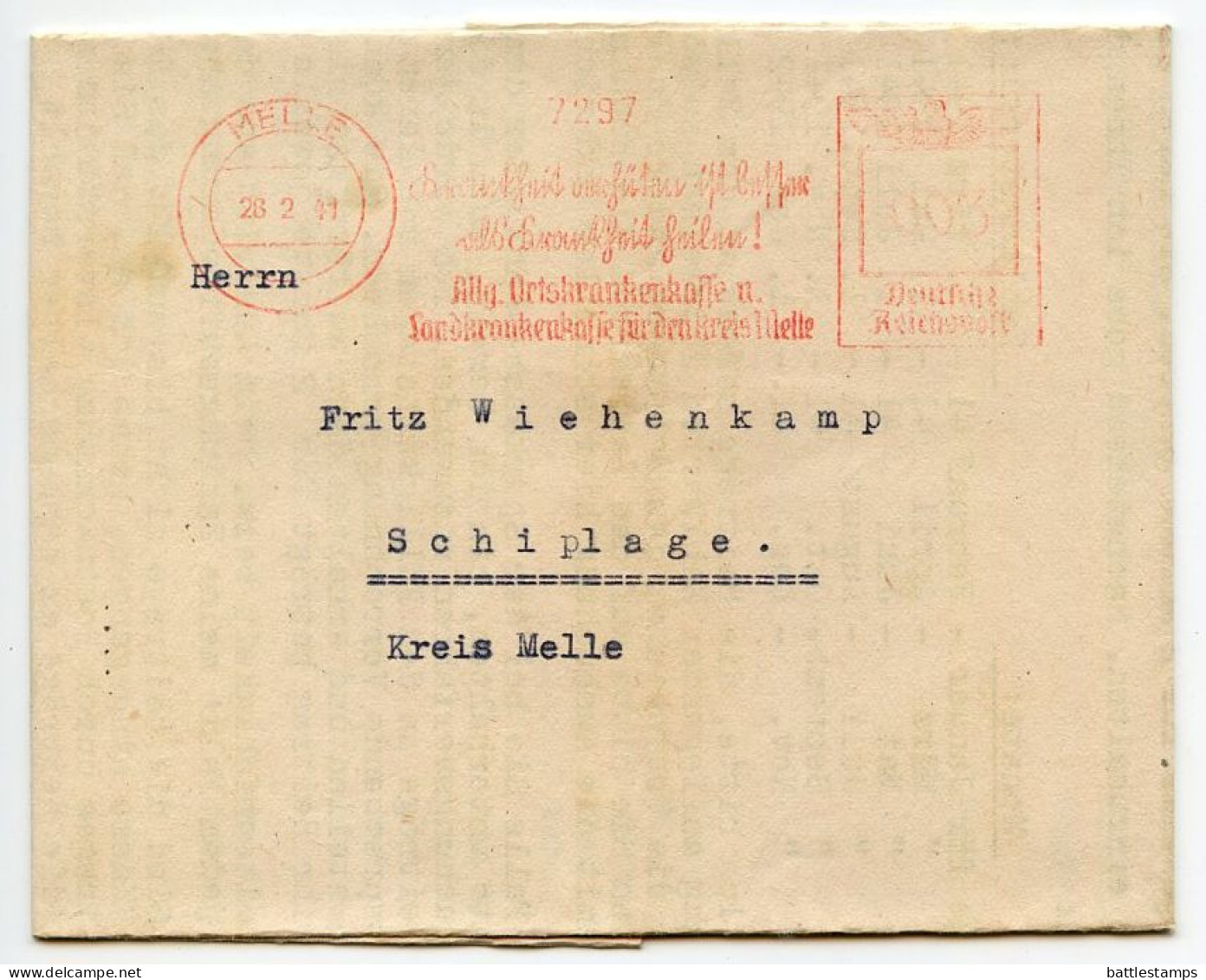 Germany 1941 3pf. Meter Folded Cover W/ Slogan; Allgemeinen Ortskrankenkasse Für Den Kreis Melle To Schiplage - Franking Machines (EMA)