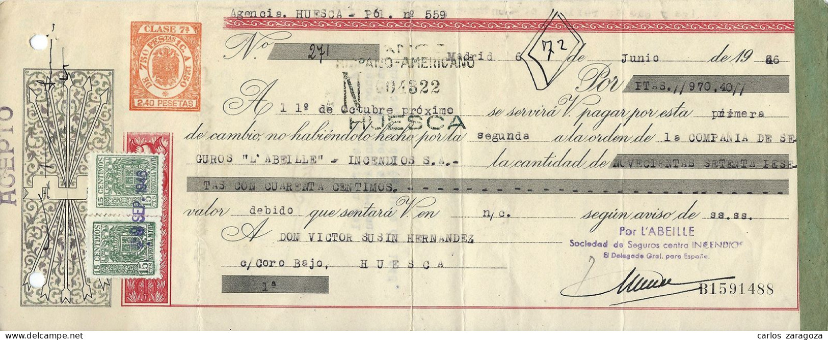 España 1946 LETRA DE CAMBIO — Timbre Fiscal 7ª Clase 2,40 Ptas — Timbrología - Revenue Stamps