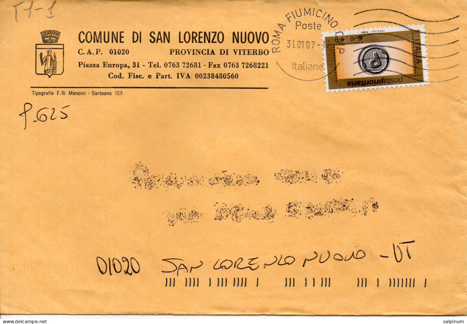 Stemma Comune Di San Lorenzo Nuovo (Provincia Di Viterbo) Su Busta Tipo 1 Anno 2007 - Briefe U. Dokumente