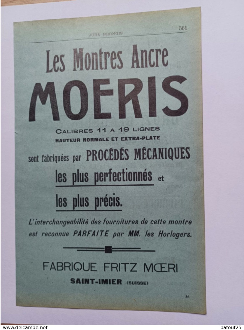 Ancienne Publicité Horlogerie MONTRES MOERIS SAINT IMIER  Suisse 1914 - Suisse