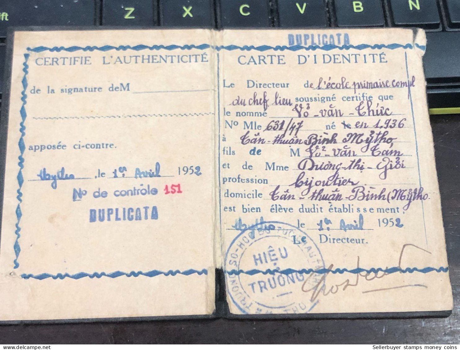 VIET NAM-OLD-ID PASSPORT INDO-CHINA-name-VO VAN THUC-1952-1pcs Book - Verzamelingen