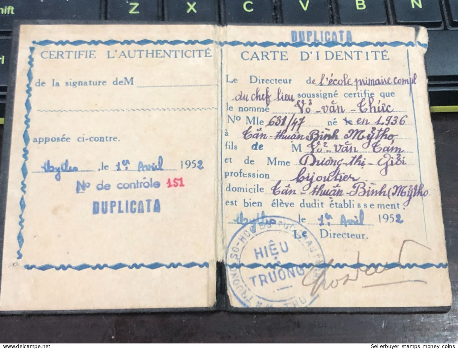 VIET NAM-OLD-ID PASSPORT INDO-CHINA-name-VO VAN THUC-1952-1pcs Book - Sammlungen