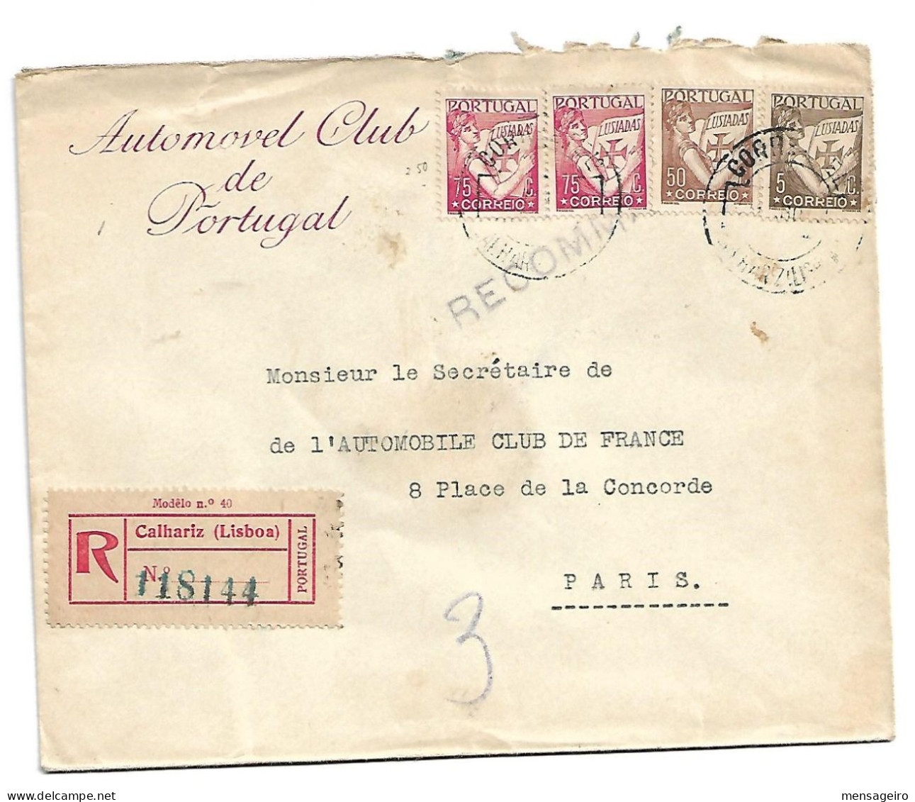 (C02) - AFINSA N°514+522+523 X2 - LETTRE RECOMMANDEE CALHARIZ LISBOA =>FRANCE 193? AUTOMOVEL CLUB - Lettres & Documents