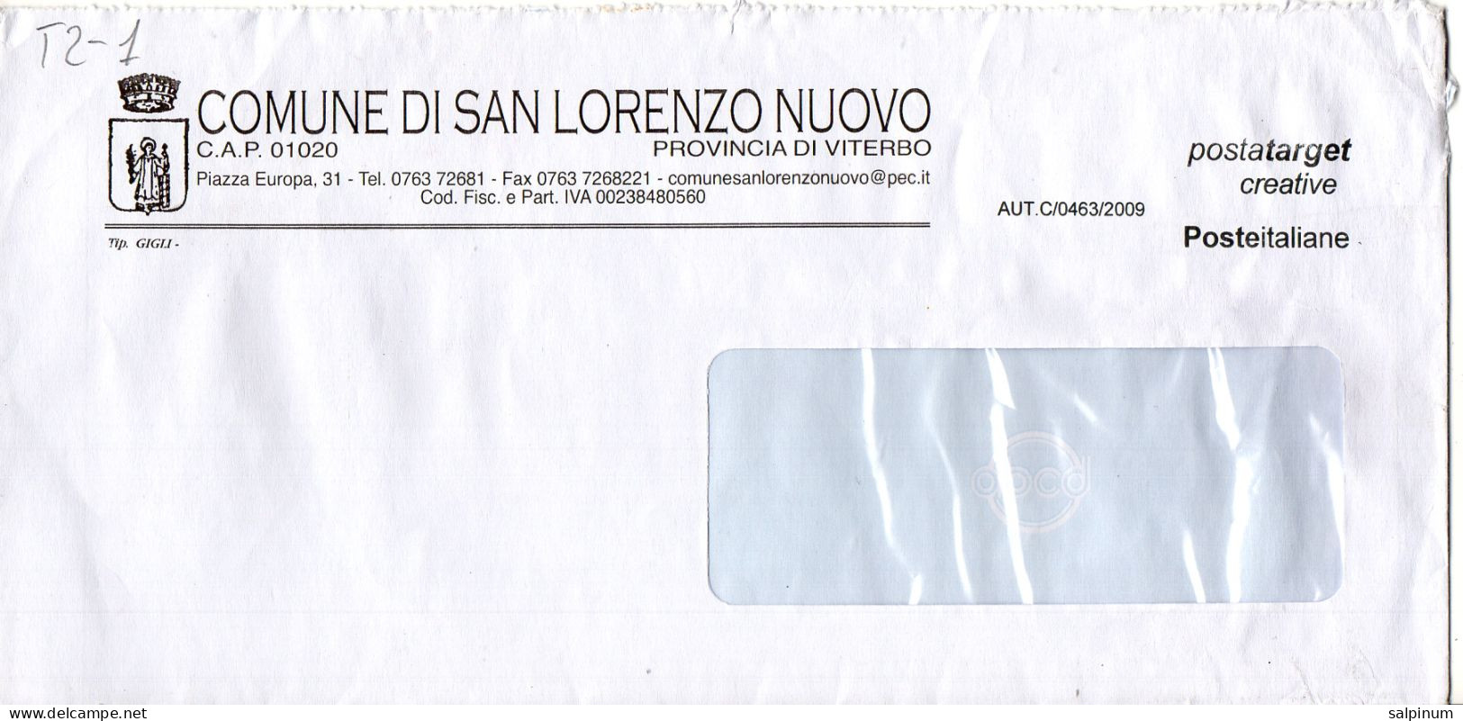 Stemma Comune Di San Lorenzo Nuovo (Provincia Di Viterbo) Su Busta Tipo 2 Anno 2009 - Enveloppes