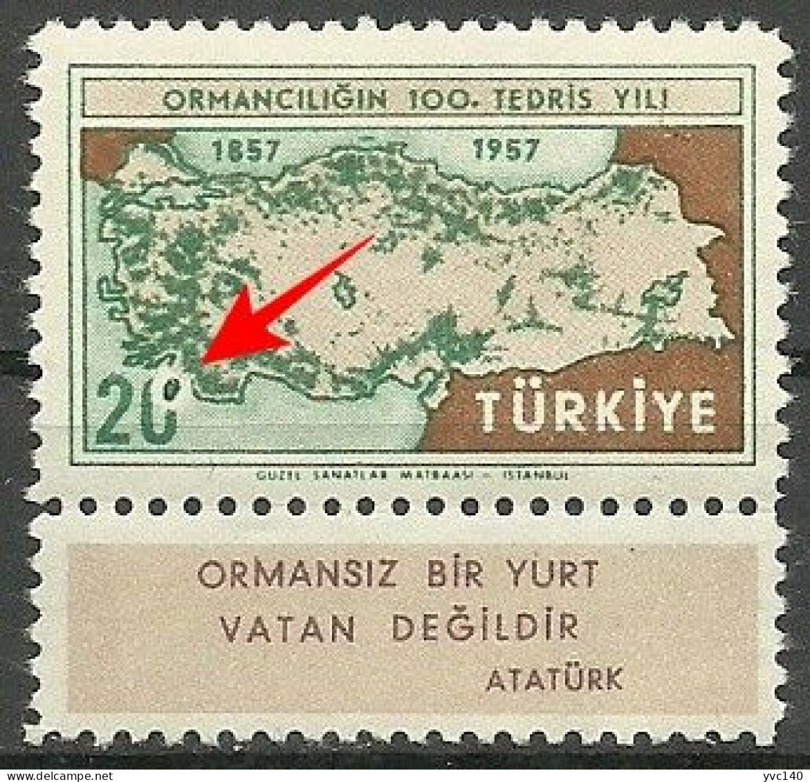 Turkey; 1957 Centenary Of The Instruction Of Forestry In Turkey ERROR "Printing Stain" - Ongebruikt
