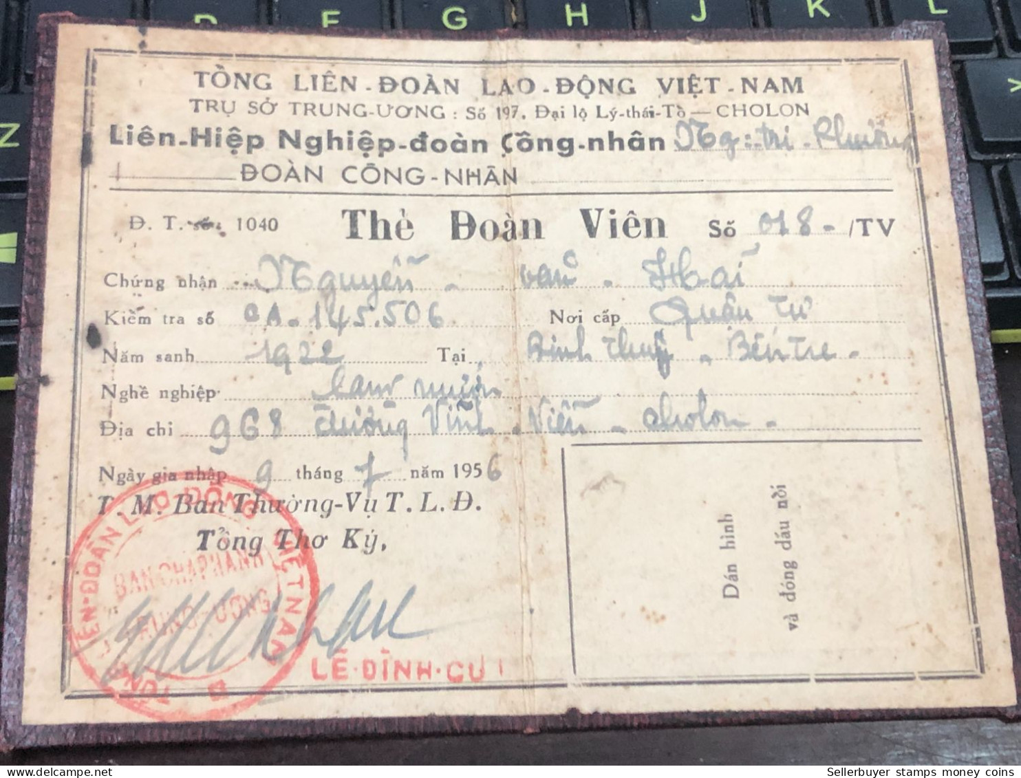 VIET NAM-OLD-ID PASSPORT INDO-CHINA-name-NGUYEN VAN HAI-1956-1pcs Book - Collections