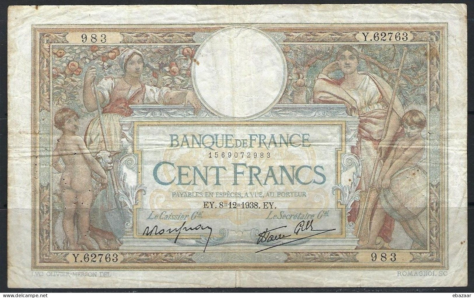 France 1938 Banknote, 100 Francs Y.62763, Luc Olivier Merson, P-86b - 100 F 1908-1939 ''Luc Olivier Merson''