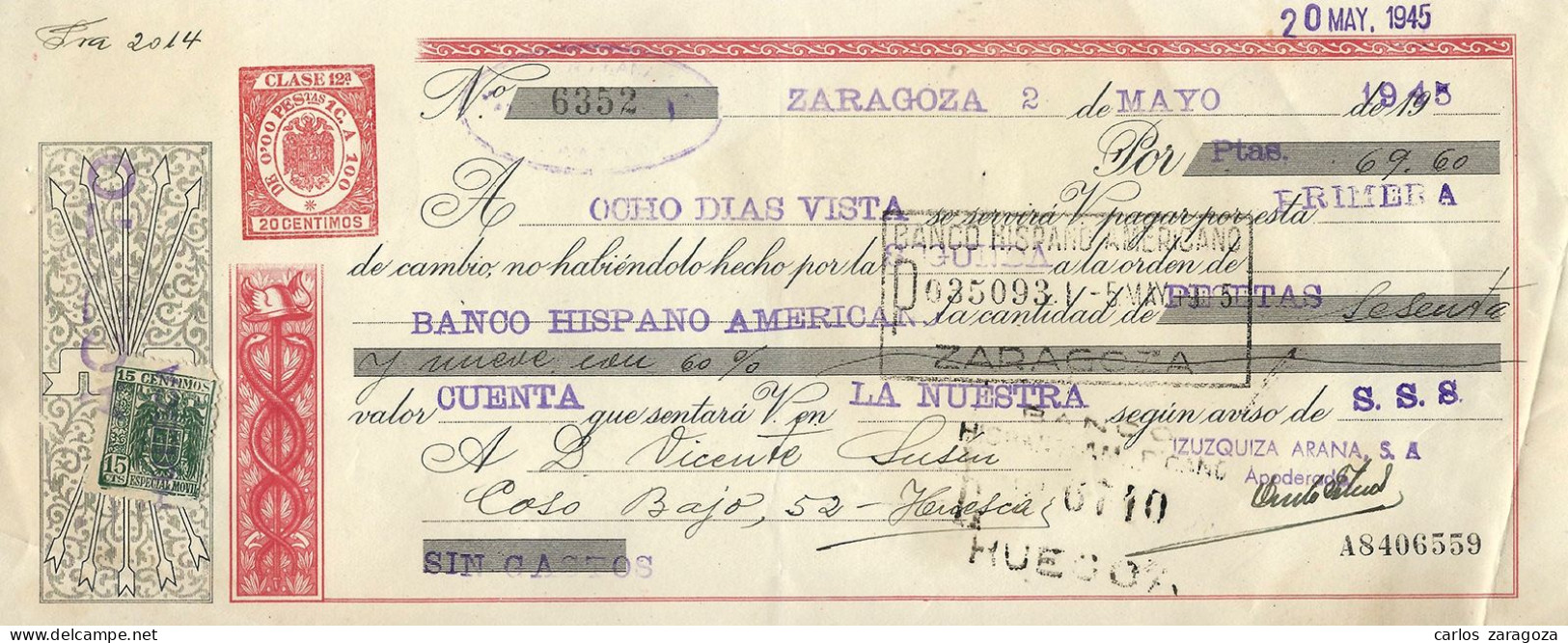 España 1945 LETRA DE CAMBIO — Timbre Fiscal 12ª Clase 20 Cts Y Sello Especial Móvil— Timbrología - Fiscaux