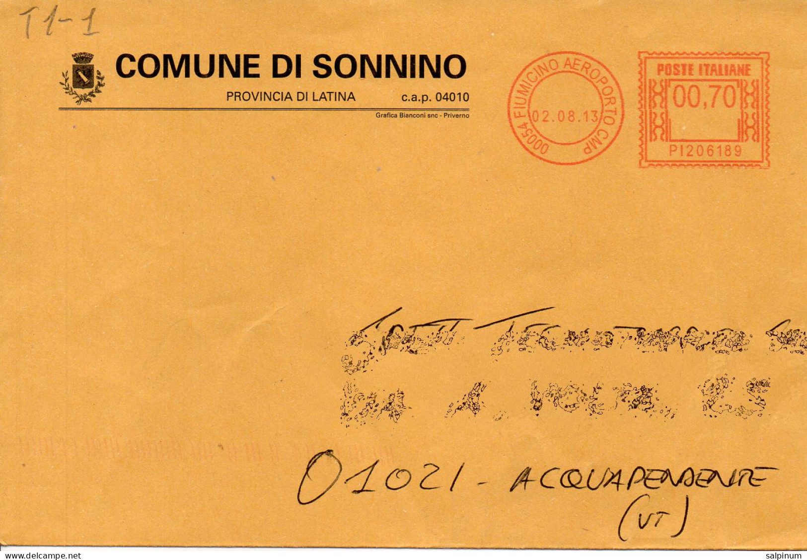 Stemma Comune Di Sonnino (Provincia Di Latina) Su Busta Tipo 1 Anno 2013 - Covers