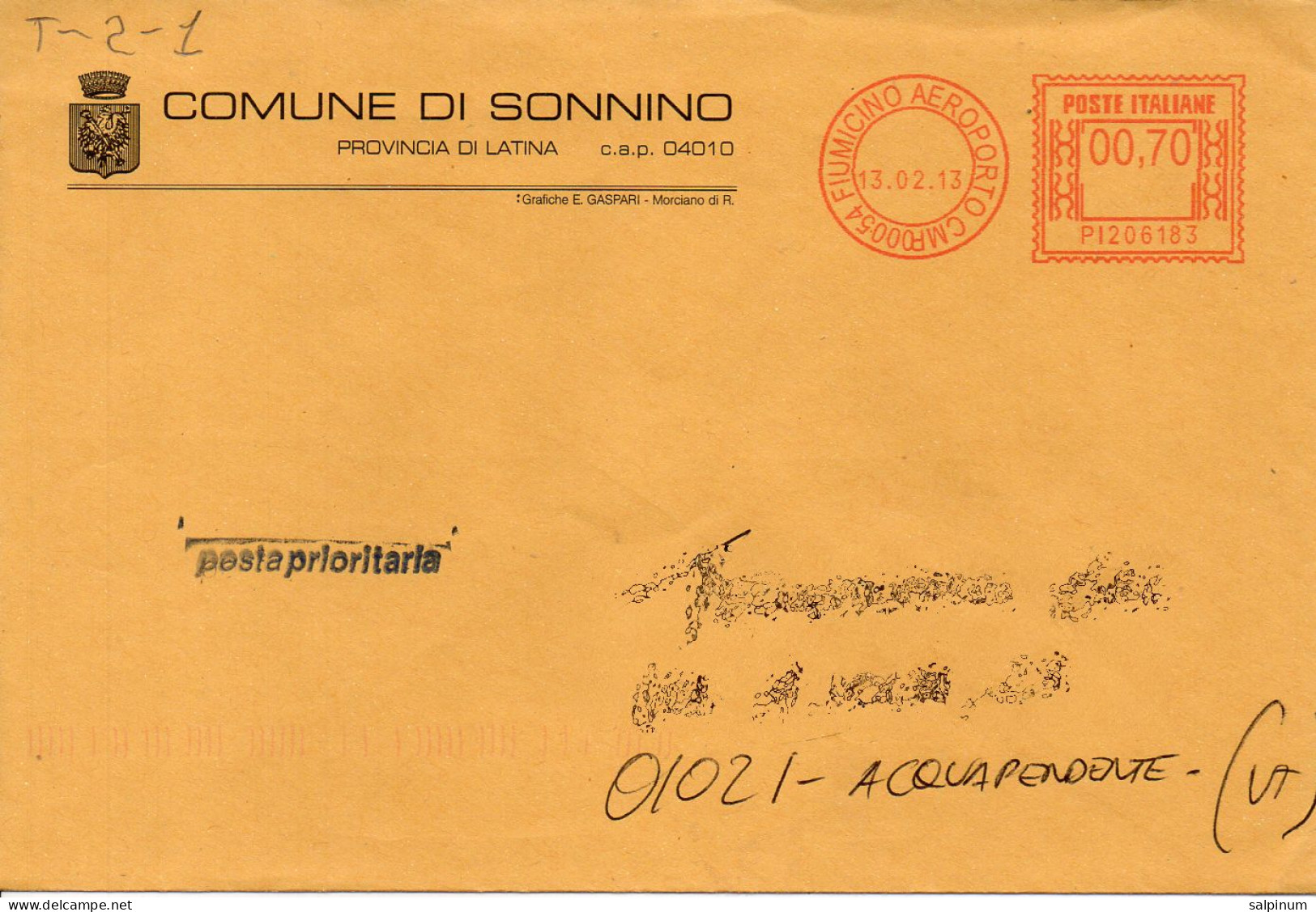 Stemma Comune Di Sonnino (Provincia Di Latina) Su Busta Tipo 2 Anno 2013 - Enveloppes
