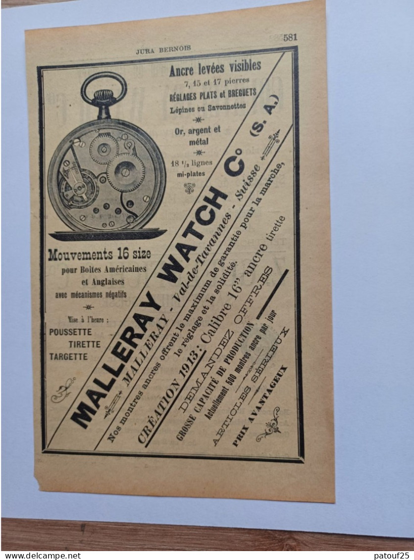 Ancienne Publicité Horlogerie MALLERAY WATCH VAL DE TAVANNES   Suisse 1914 - Switzerland