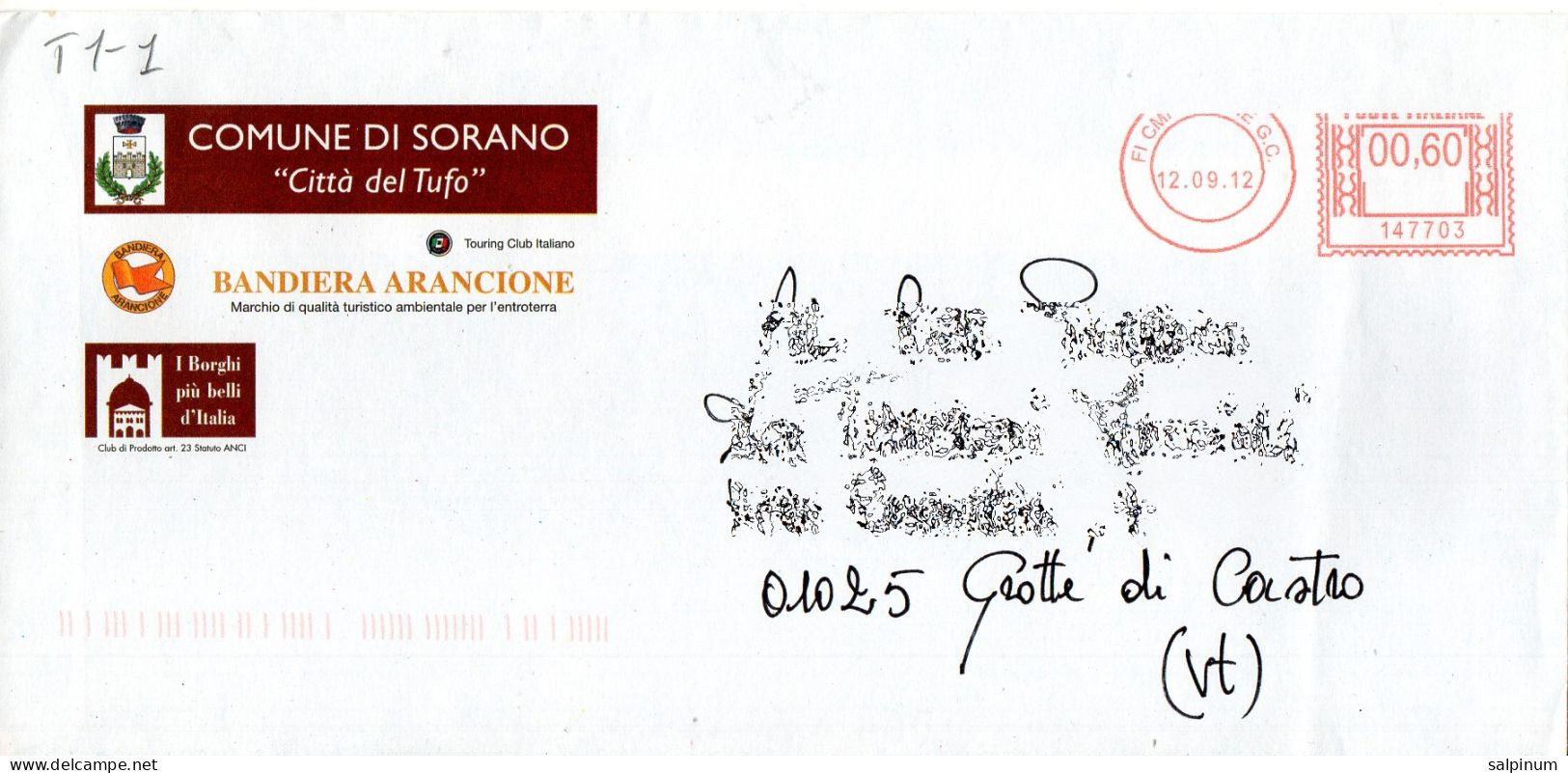 Stemma Comune Di Sorano (Provincia Di Grosseto) Su Busta Tipo 1 Anno 2012 - Buste
