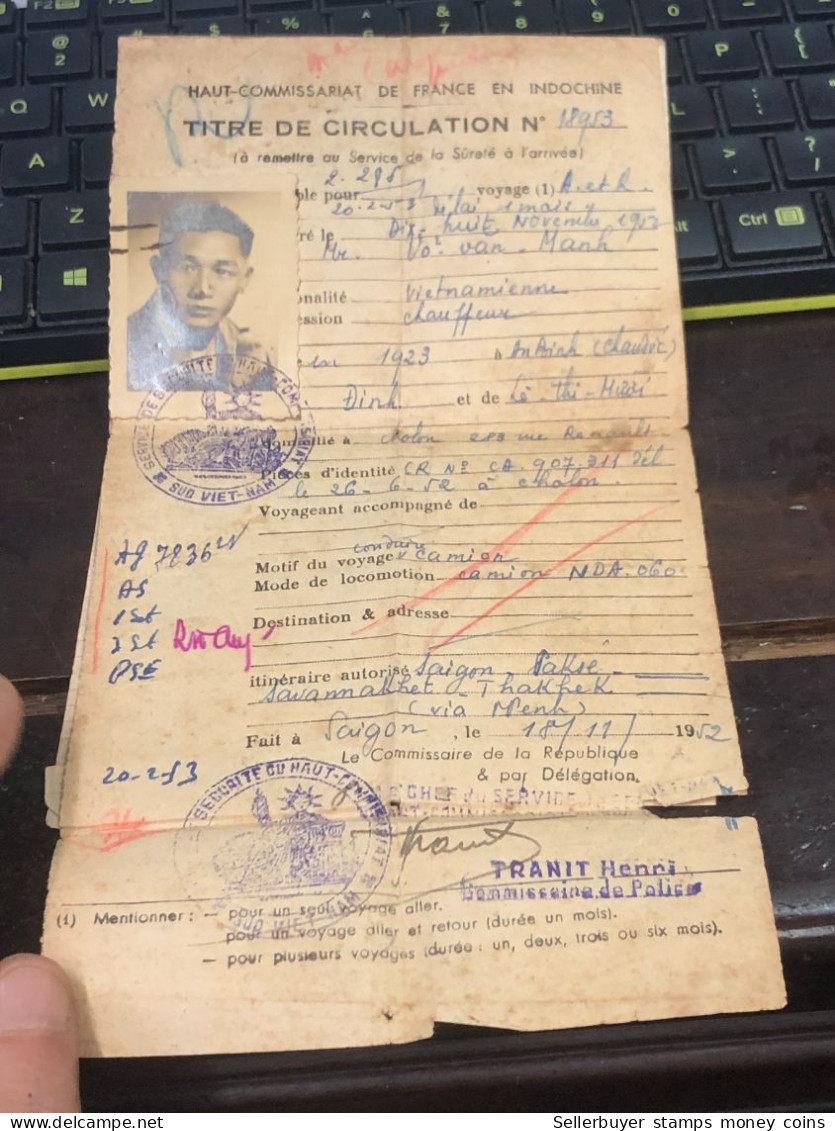 VIET NAM-OLD-ID PASSPORT INDO-CHINA-name-VO VAN MANH-1952-1pcs Book PAPER - Collections