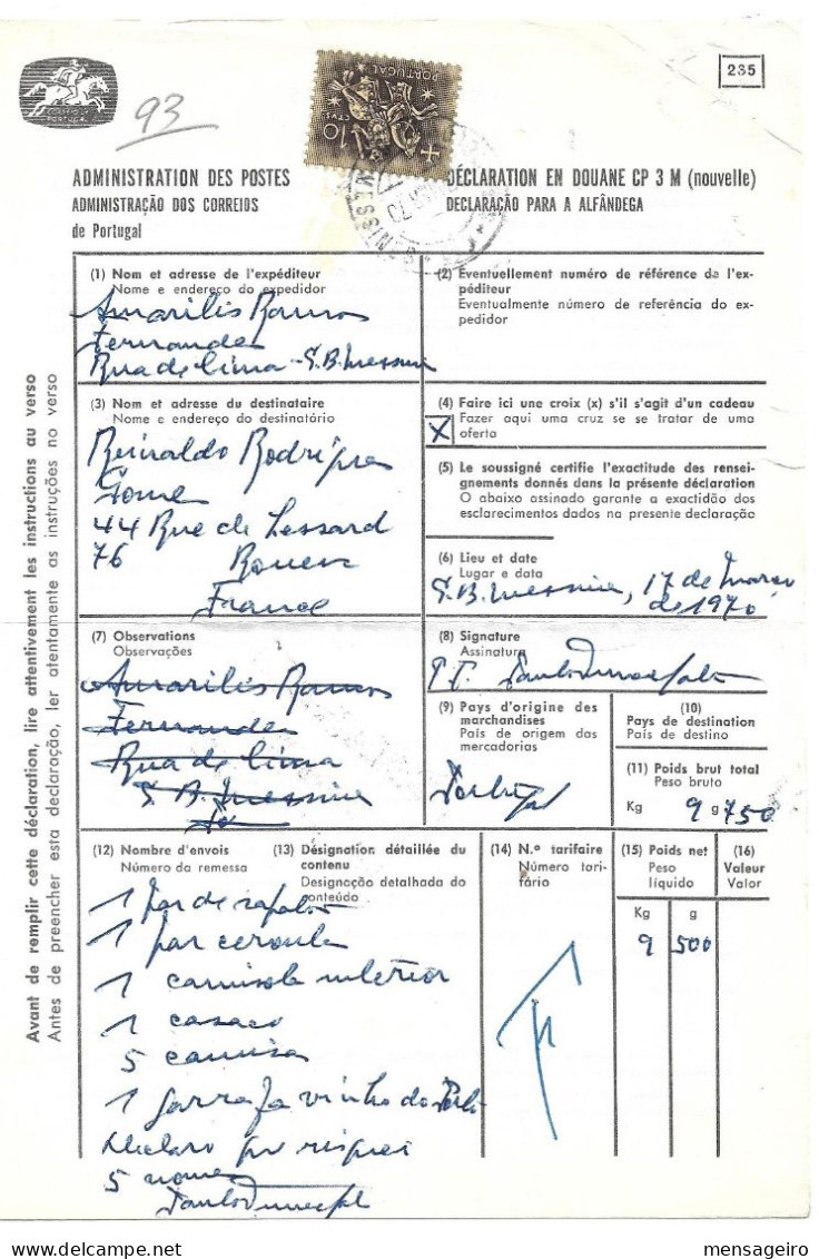 (C02) - PORTUGAL - AFINSA N°794 SOBRE DECLARACAO PARA A ALFANDEGA - 1970 - Brieven En Documenten