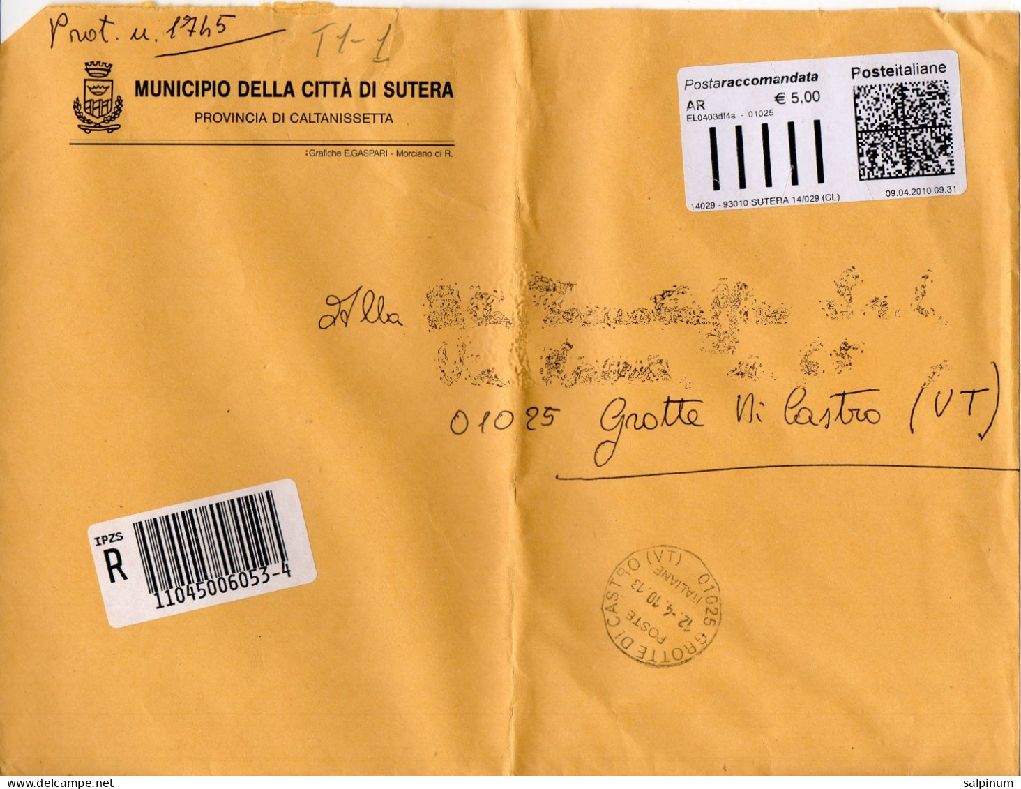 Stemma Comune Di Sutera (Provincia Di Caltanisetta) Su Busta Tipo 1 Anno 2010 - Sobres