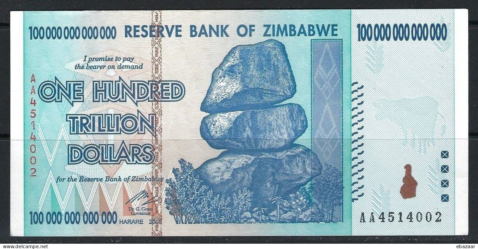 Zimbabwe 2008 Banknote 100 TRILLION Dollars ($100.000.000.000.000) P-91 AUNC - Simbabwe